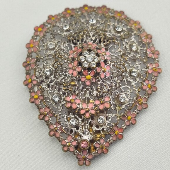 1920's Filigree, Rhinestone & Purple Enamel Flower Fur Clip from Czechoslovakia - Picture 1 of 7